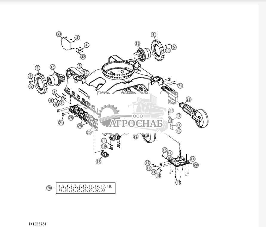 Track Frame, Rollers, Gear Case and Idler Sprocket, Narrow 